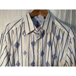 Robert‎ Graham White With Blue Embroidery Long Sleeve Shirt XL Flip Cuff Floral